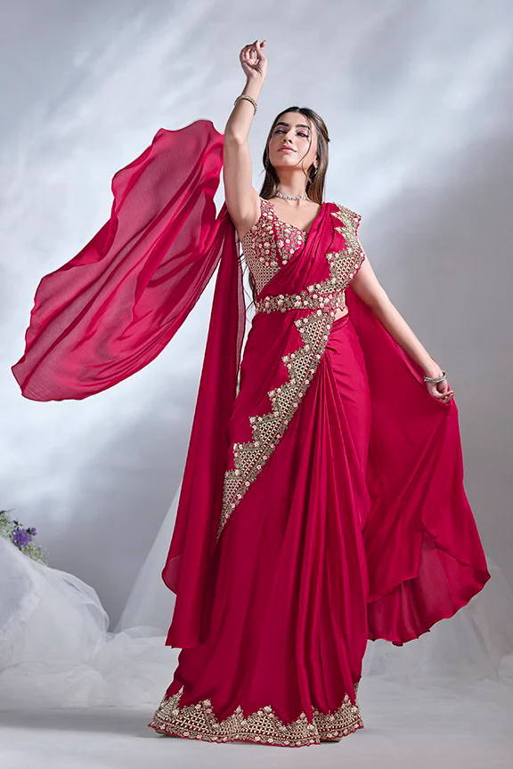 Red Moti Work Satin Silk Ready To Wear Saree